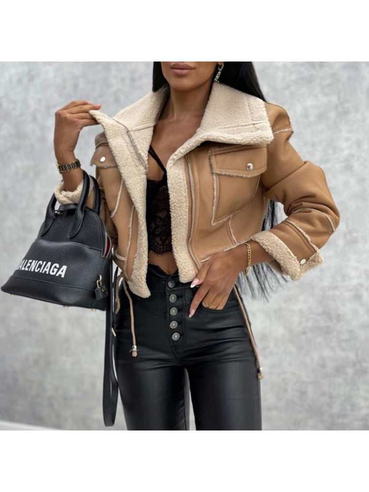 Street Patchwork Ladies Winter Artificial Leather Jackets AD450