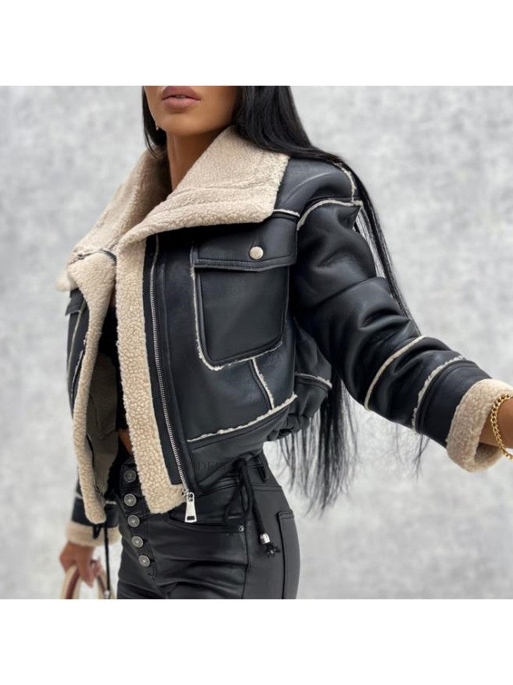 Street Patchwork Ladies Winter Artificial Leather Jackets AD450