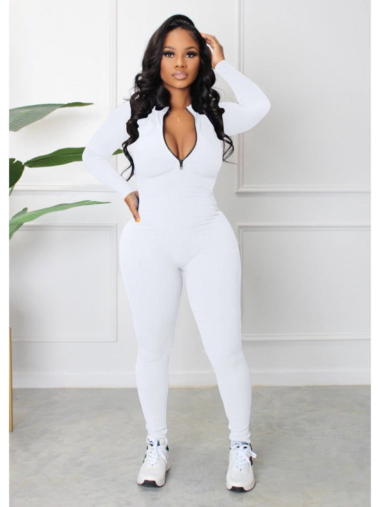 Zip Skinny White Long Sleeve Jumpsuits AD999