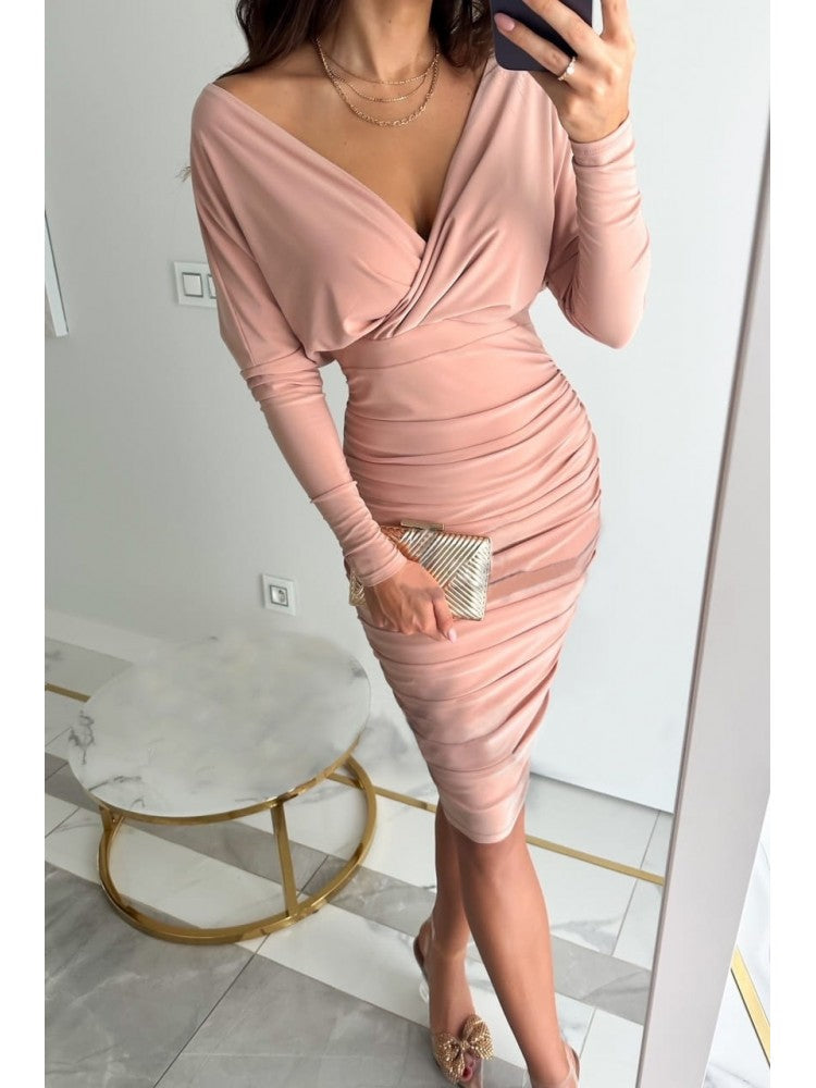 V Neck Long Sleeve Ruched Knee Length Dress AD216