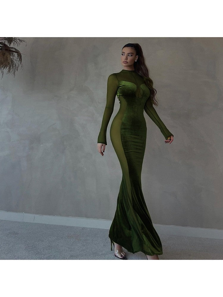 Autumn New Mesh Round Neck Slim Long Dress AD299