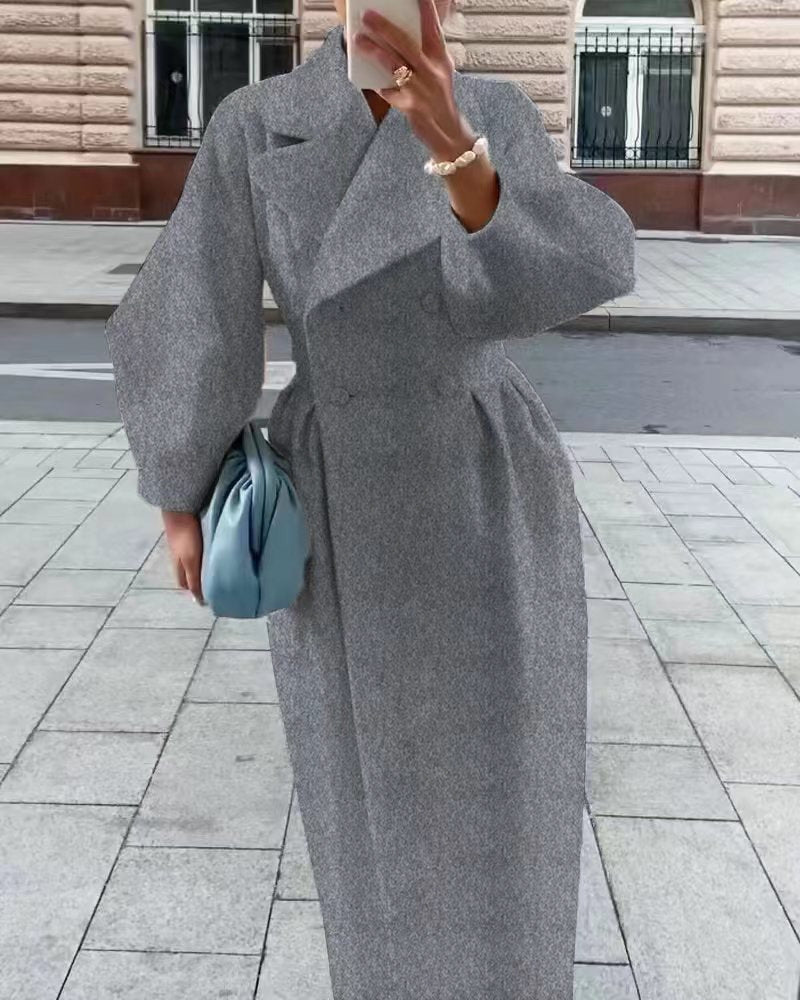 Temperament Lantern Sleeve Pure Color Long Wool Coat SS58