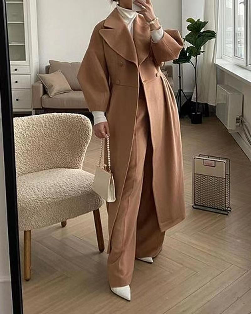 Temperament Lantern Sleeve Pure Color Long Wool Coat SS58