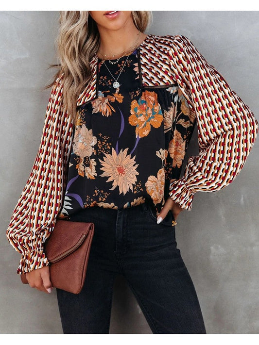 Haut à manches longues à imprimé floral et col rond tendance AD387