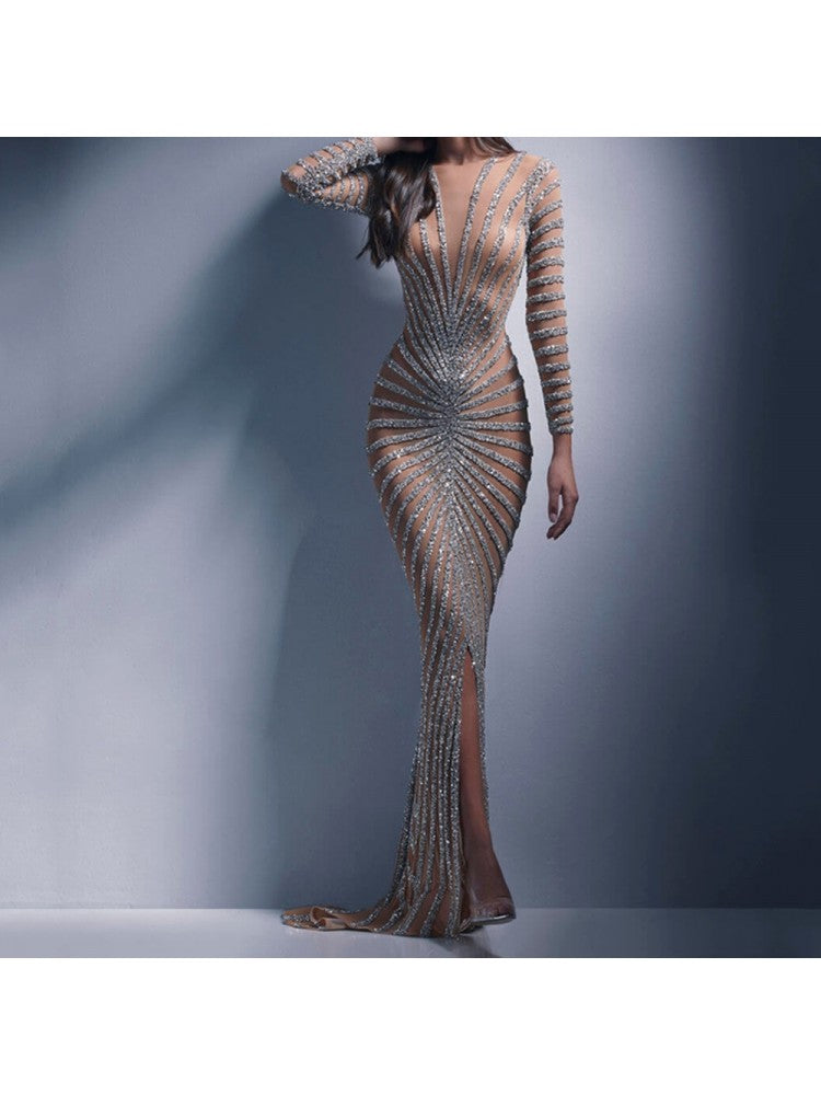 Robe de soirée longue argentée transparente pour femme AD284