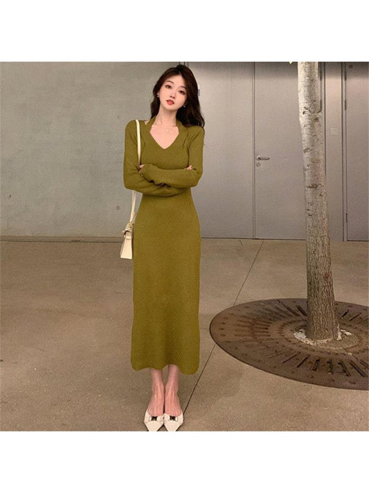 Slim Pure Color Knitting Long Sleeve Dress ZN25