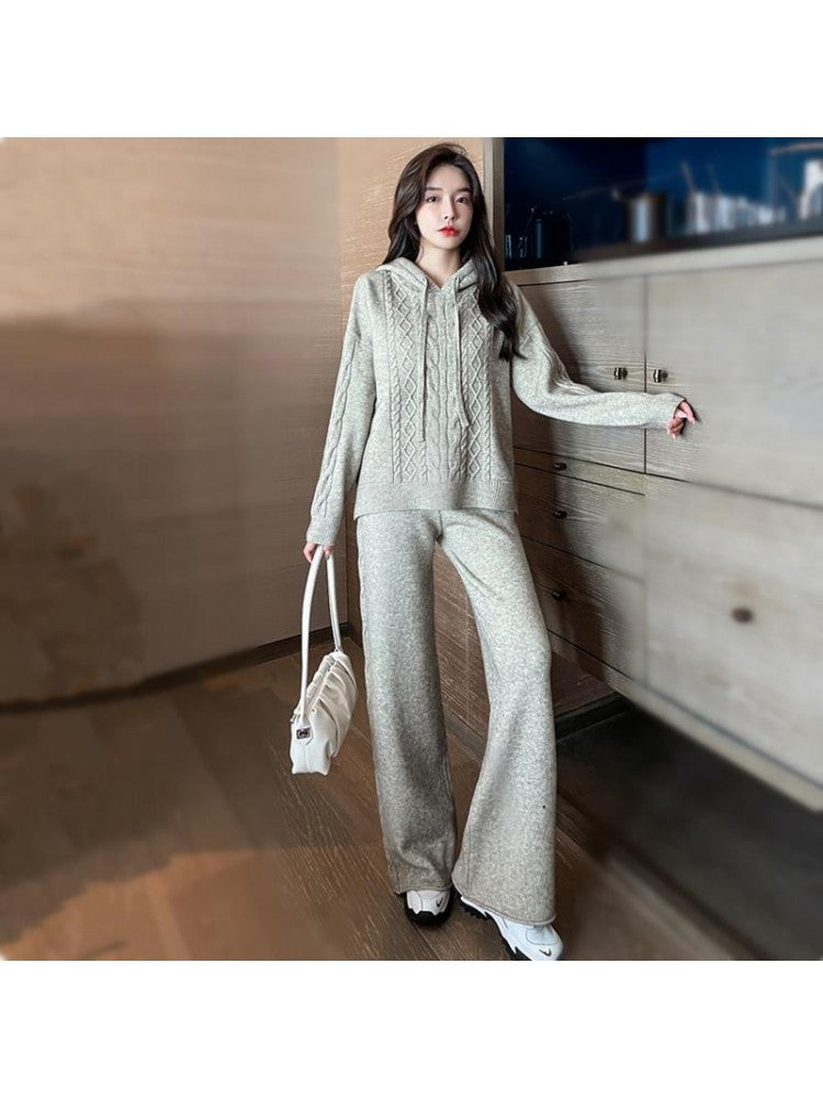 Pure Color Hooded Knitting Women's Trouser Sets ZN125