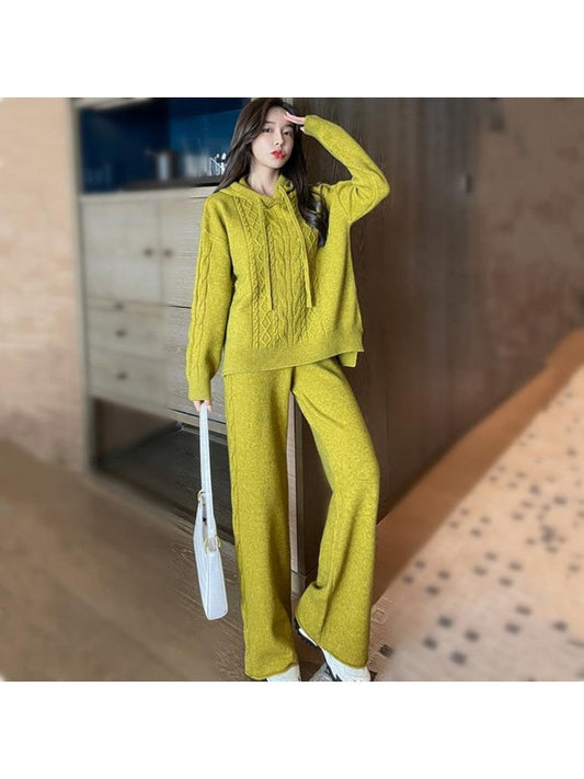 Pure Color Hooded Knitting Women's Trouser Sets ZN125