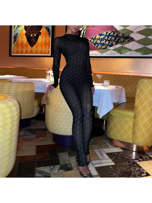 Gauze Black See Through Skinny Long Sleeve Jumpsuits ZN205