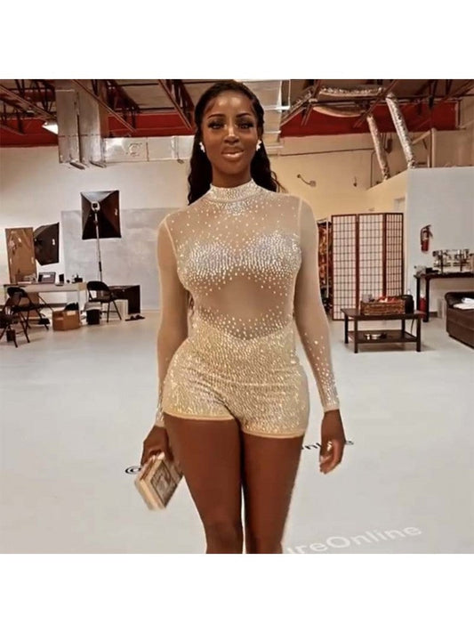 Hot Drilling Gauze See Through Skinny Long Sleeve Rompers ZN5