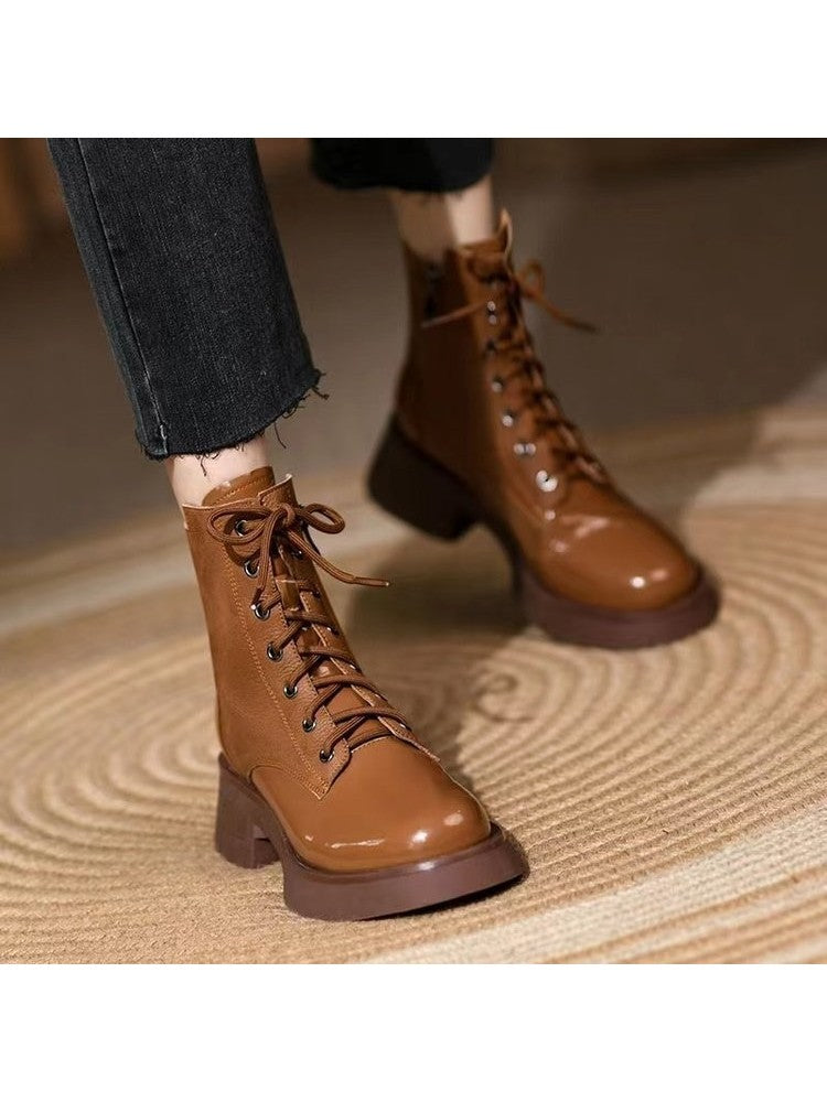 Pure Color Lace Up Zipper Women's Boots PY164