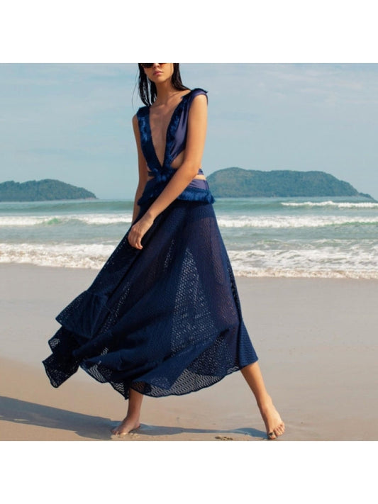 Navy Blue Sleeveless Backless Women's Beach Dress ZN94