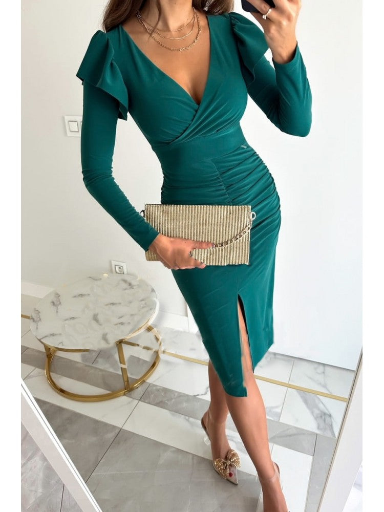 Pure Color V-neck Slit Long Sleeve Dress ZN197