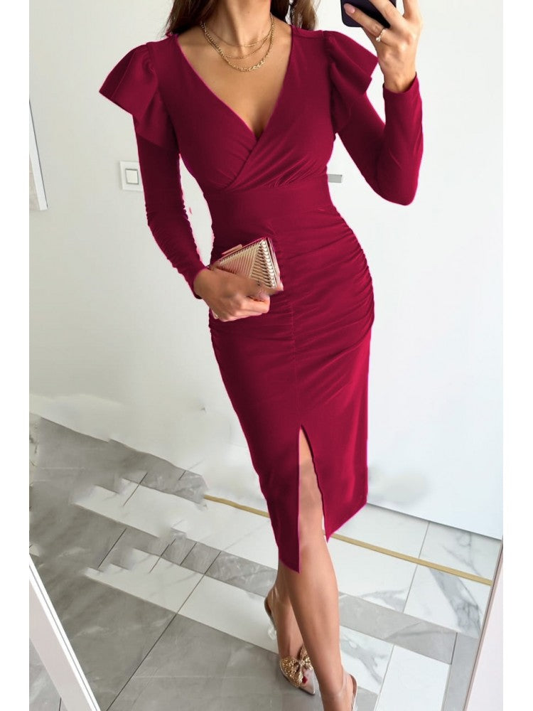 Pure Color V-neck Slit Long Sleeve Dress ZN197