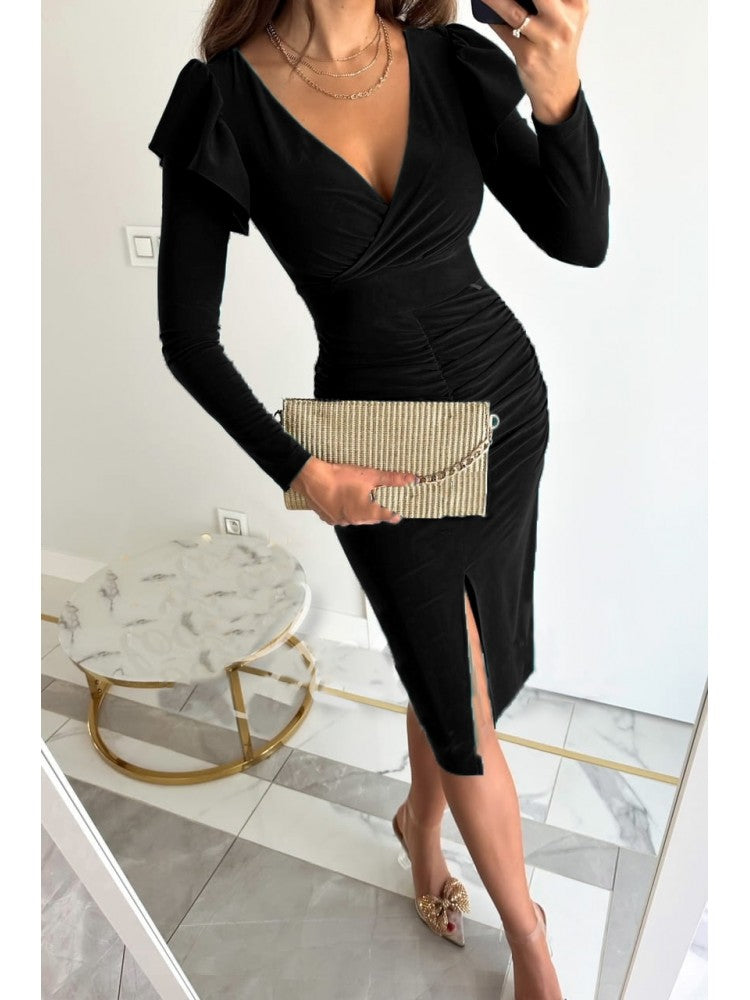 Pure Color V-neck Slit Long Sleeve Dress ZN197