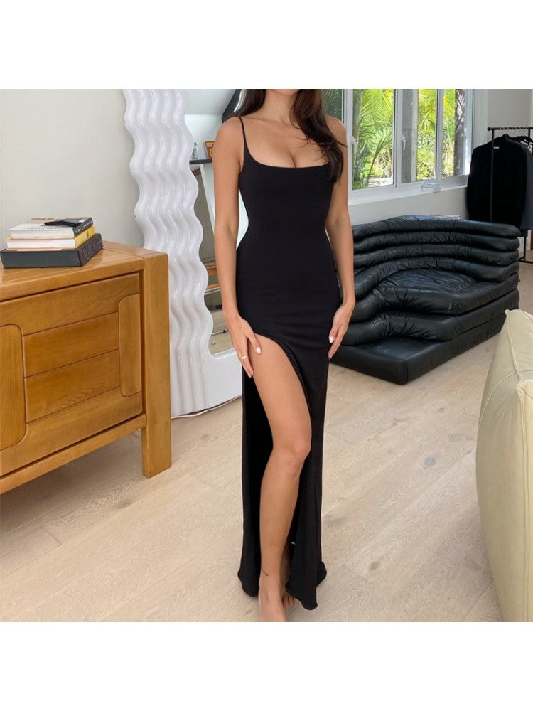 Lace Patchwork Black Slit Spaghetti Straps Maxi Dress PY208