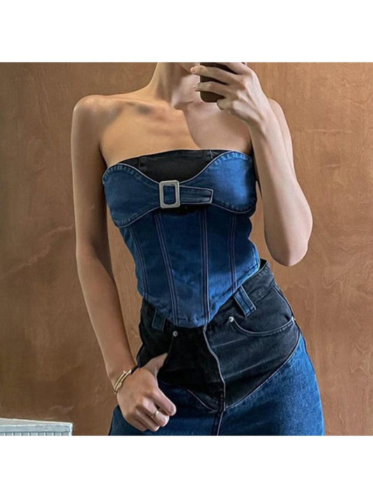 Designer Denim Patchwork Zipper Strapless Tops PY108