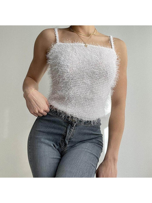 Ladies White Fluffy Spaghetti Straps Tops PY252