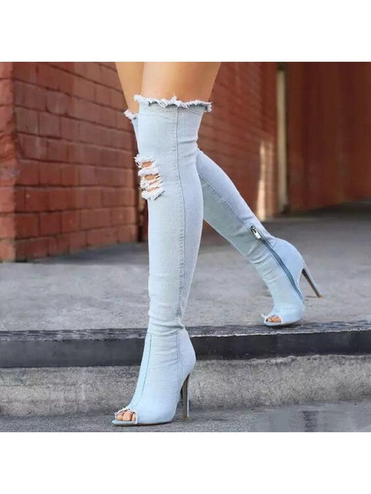 Designer Ripped Denim Over The Knee High Boots PY162