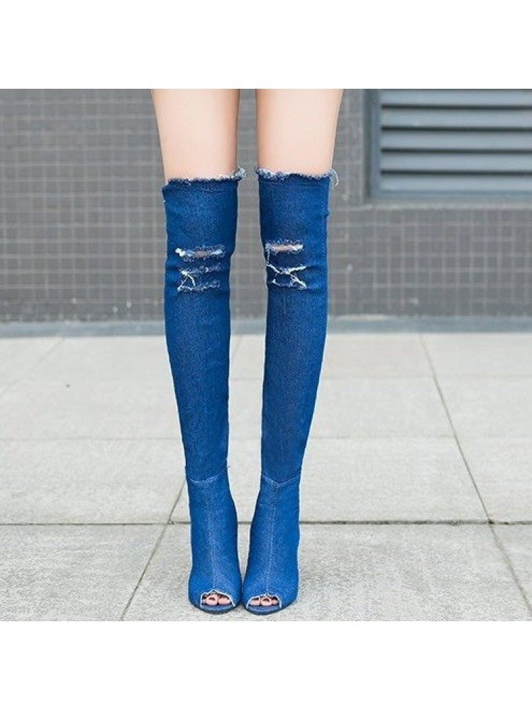 Designer Ripped Denim Over The Knee High Boots PY162