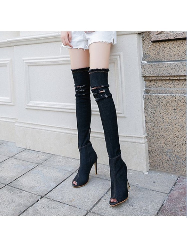 Designer Ripped Denim Over The Knee High Boots PY162