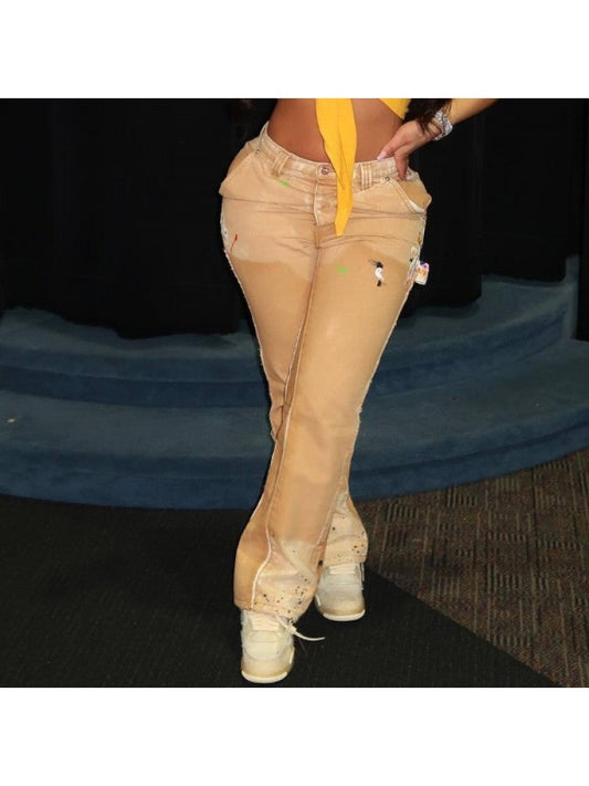 Designer Khaki Straight Leg Patchwork Women Jeans PY179