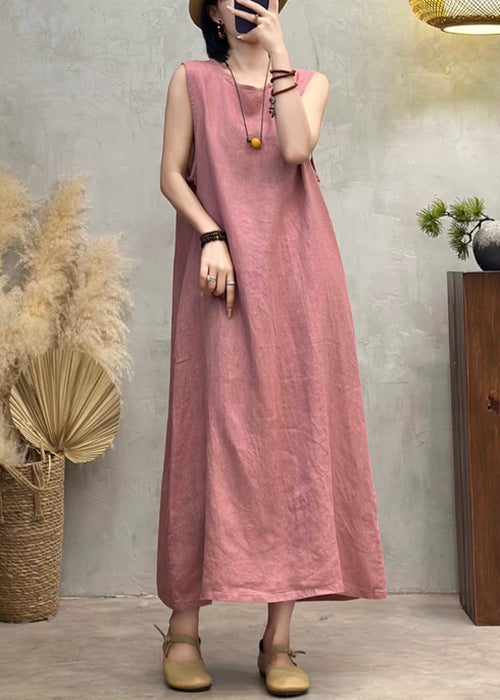 Neck Pink Side Dresses Button Linen Open Summer Back O
