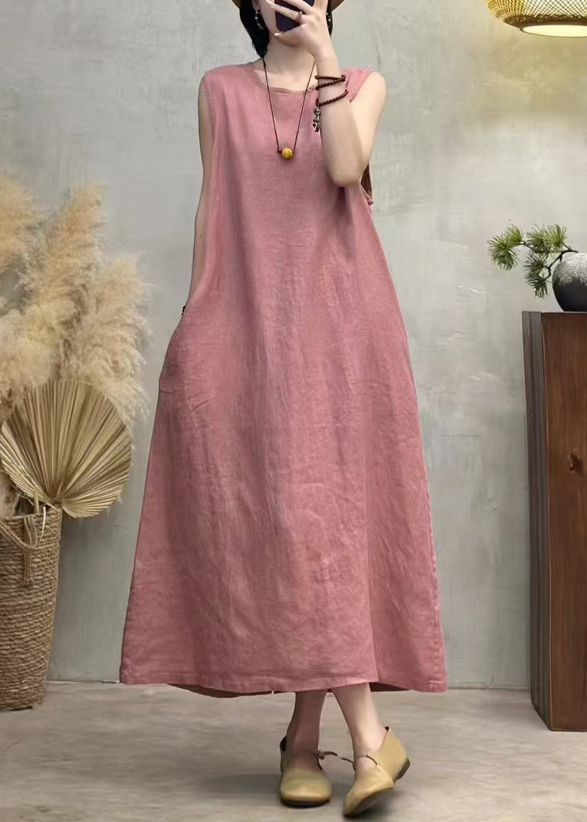 Neck Pink Side Dresses Button Linen Open Summer Back O