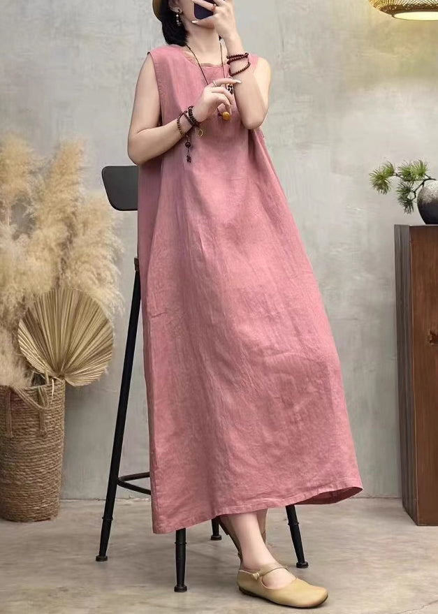Neck Pink Side Dresses Button Linen Open Summer Back O