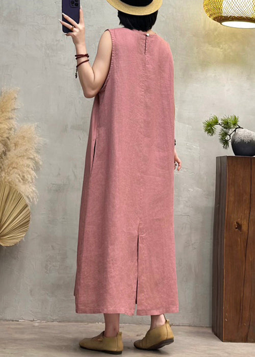 Neck Pink Side Dresses Button Linen Open Summer Back O