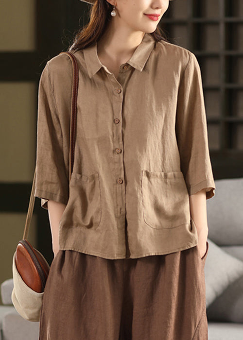 Button Bracelet Peter Pan Pink Sleeve Blouses Pockets Linen