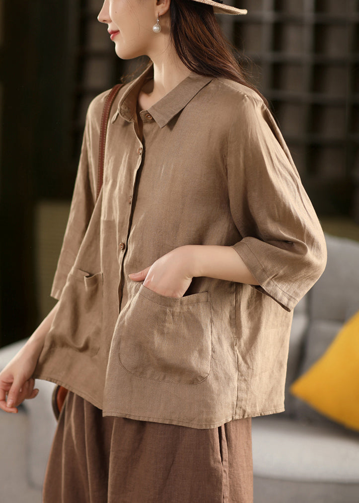 Button Bracelet Peter Pan Pink Sleeve Blouses Pockets Linen