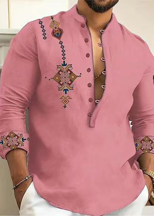 Men Button Oversized Stand Cotton Fall Print Shirts Pink Collar