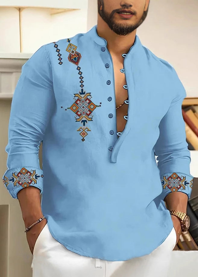 Men Button Oversized Stand Cotton Fall Print Shirts Pink Collar