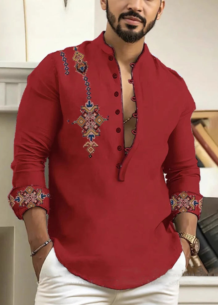 Men Button Oversized Stand Cotton Fall Print Shirts Pink Collar