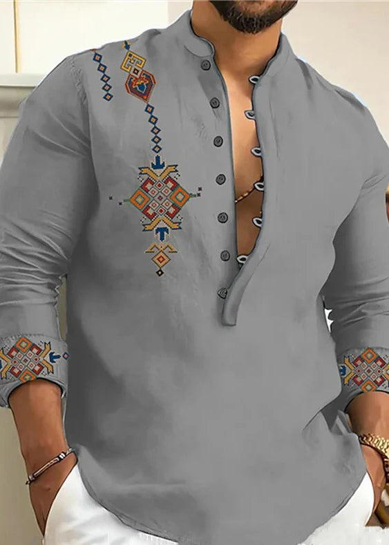 Men Button Oversized Stand Cotton Fall Print Shirts Pink Collar