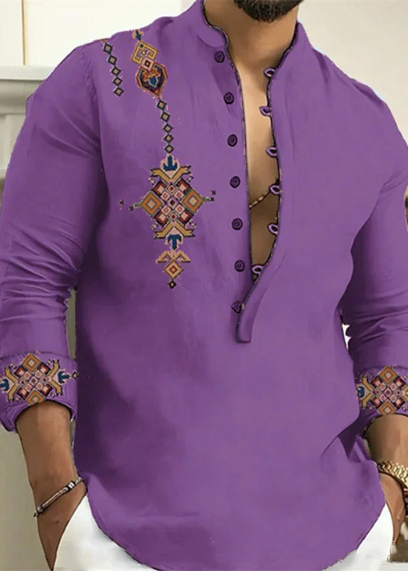 Men Button Oversized Stand Cotton Fall Print Shirts Pink Collar