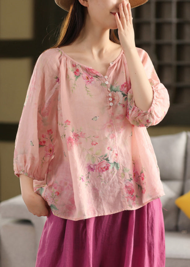 Blouse Summer Pink Print Button Neck Linen Top V