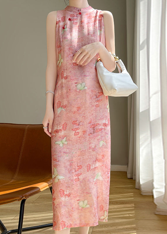 Cotton Stand Long Dresses Silk Button Pink Summer Collar