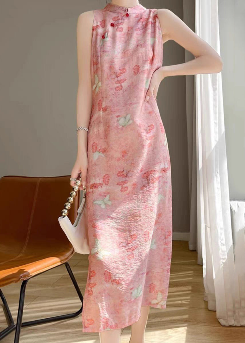 Cotton Stand Long Dresses Silk Button Pink Summer Collar