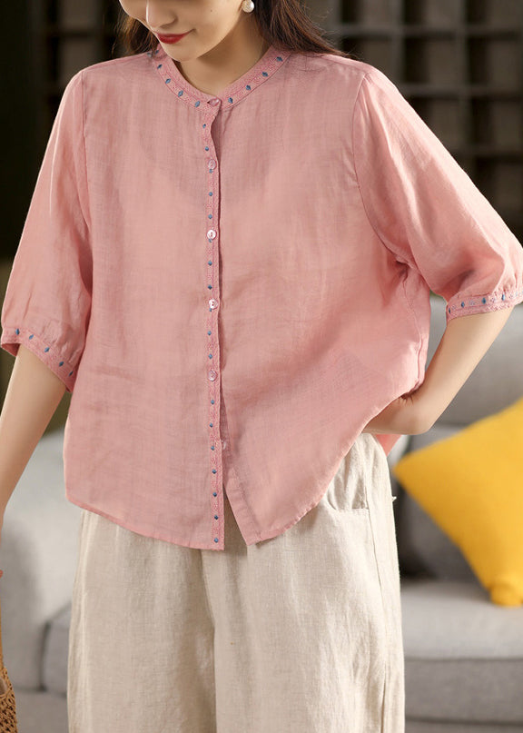 Summer Solid Blouse Linen Button Pink Embroidered
