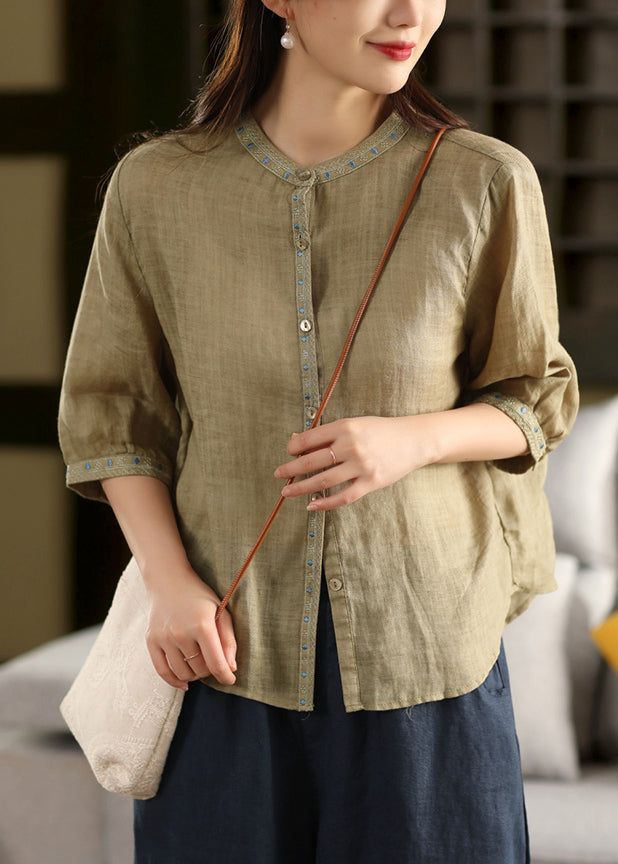 Summer Solid Blouse Linen Button Pink Embroidered