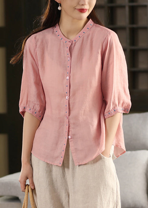 Summer Solid Blouse Linen Button Pink Embroidered