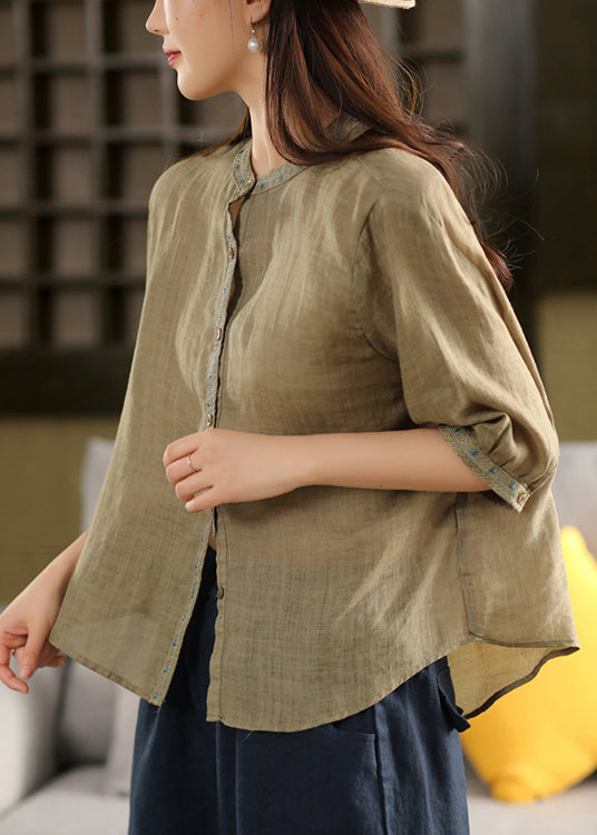 Summer Solid Blouse Linen Button Pink Embroidered