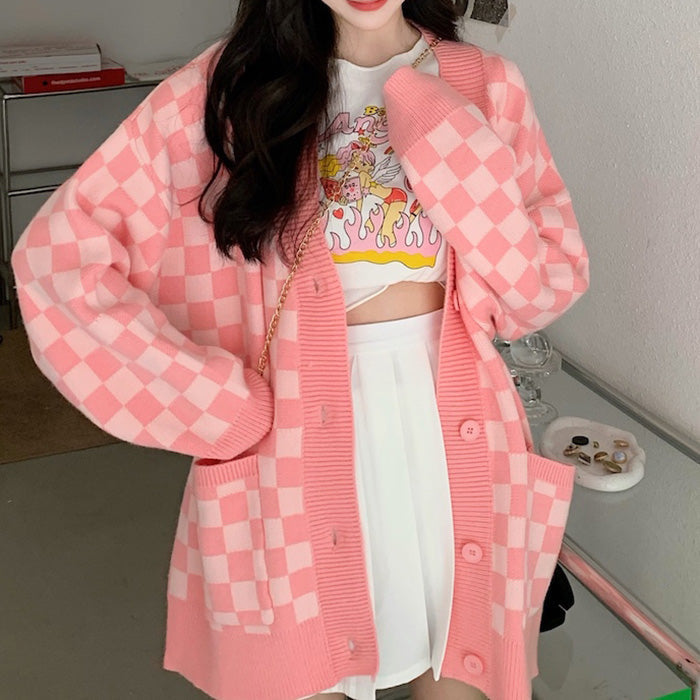 Pink Checkered Cardigan