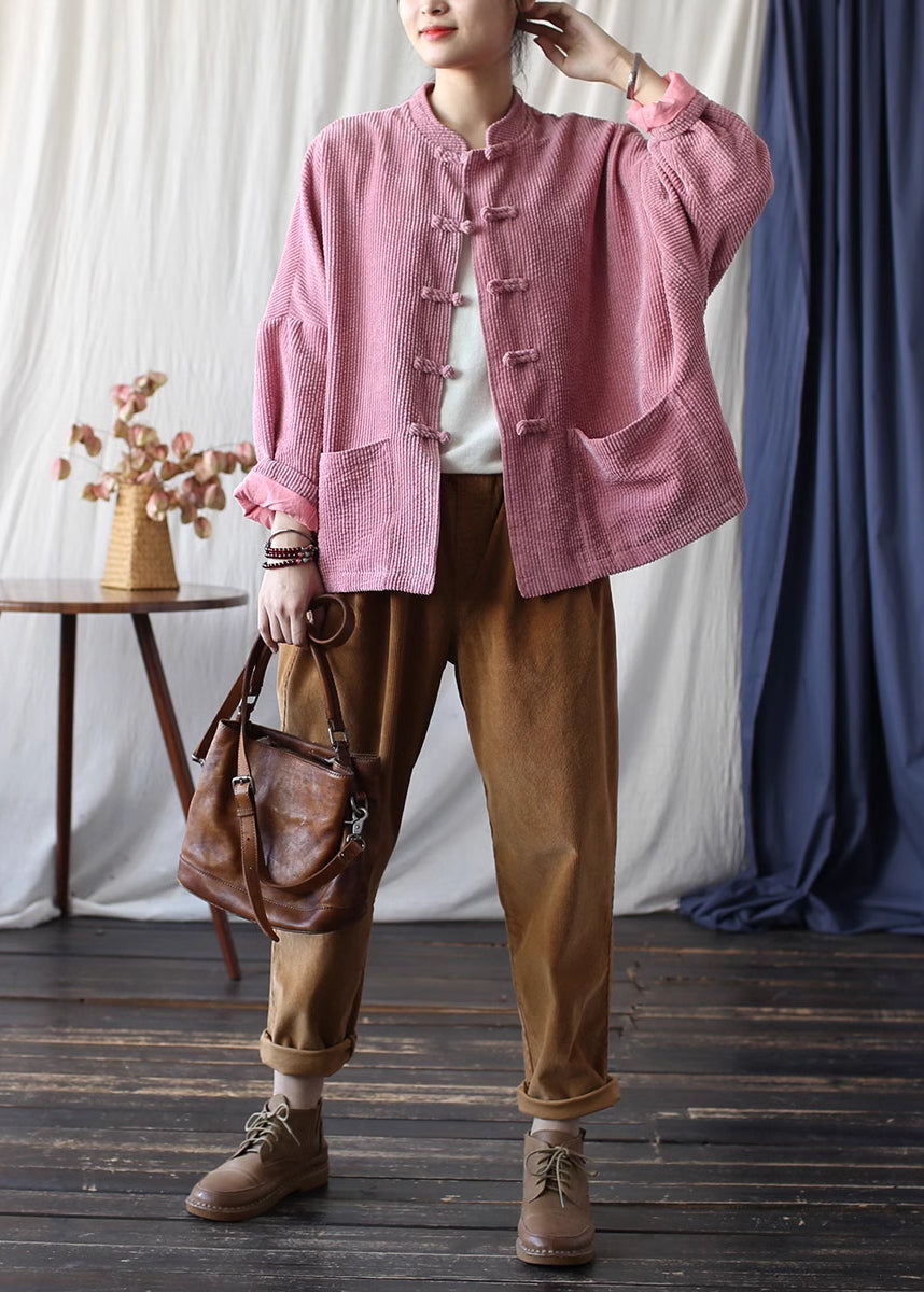 Pink Corduroy Oriental Coat Oversized Spring TJ016