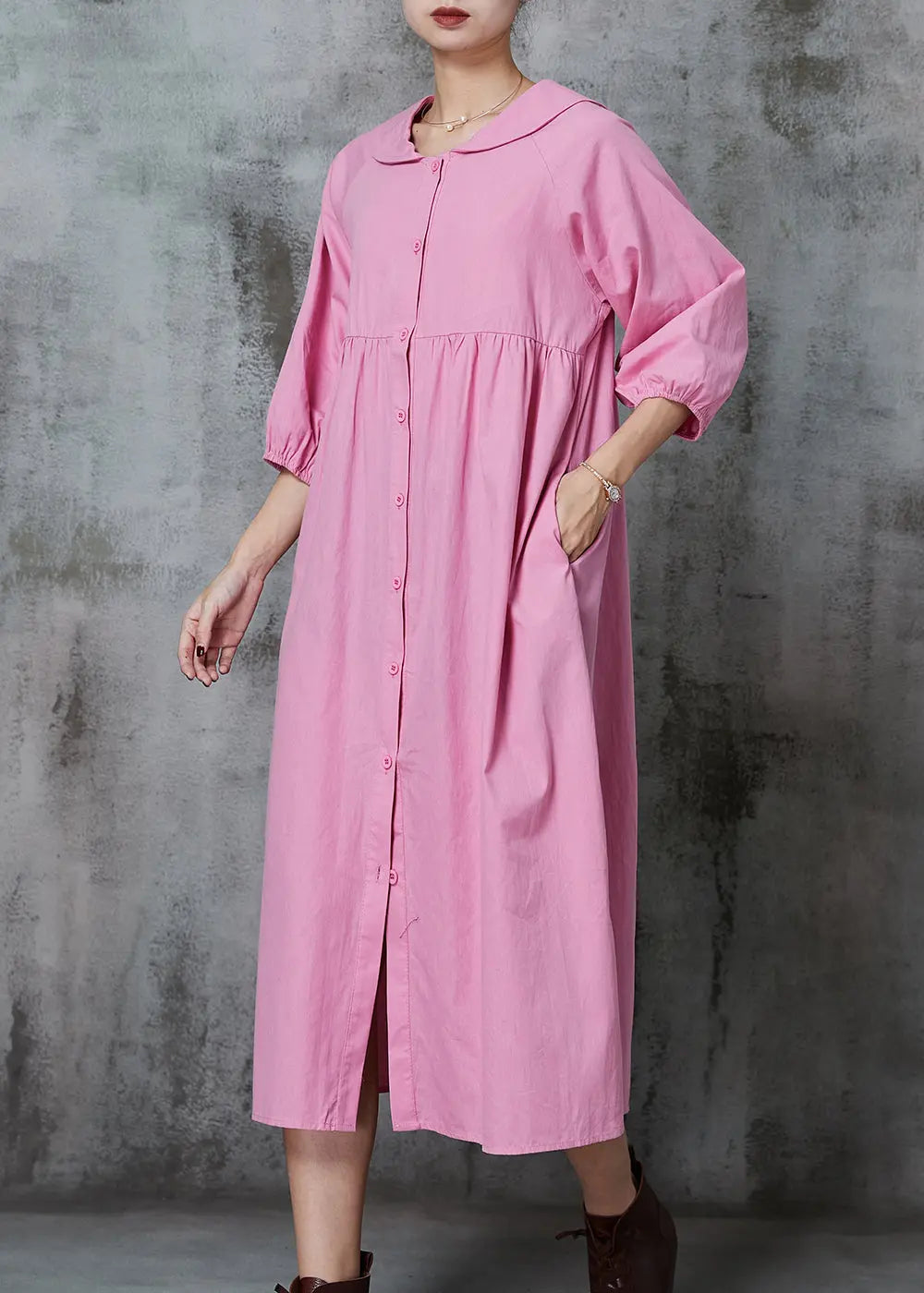 Pink Cotton Long Dresses Oversized Button Down Half Sleeve JK1009 Ada Fashion