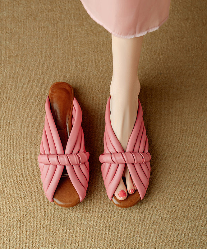Cowhide Peep Toe Leather Pink Splicing Slide Sandals