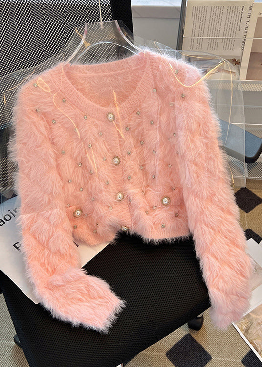 Pink Cozy Fuzzy Fur Fluffy Cardigan Zircon Spring YH010