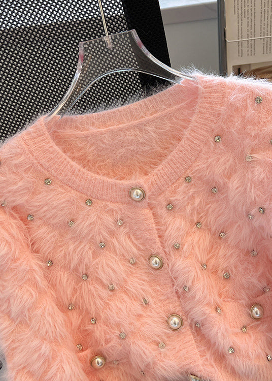 Pink Cozy Fuzzy Fur Fluffy Cardigan Zircon Spring YH010